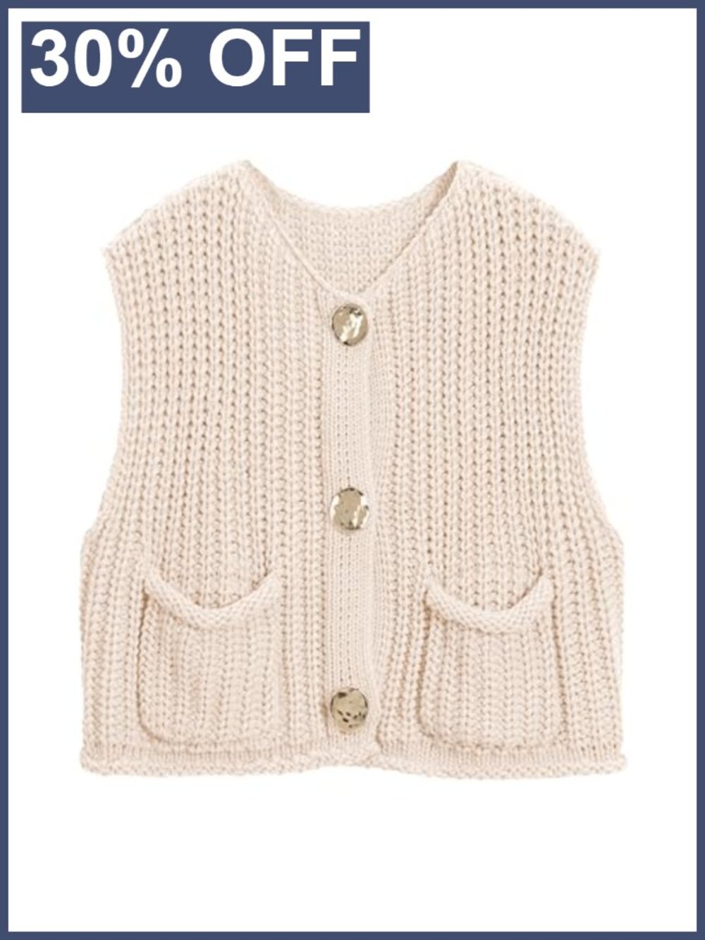 Crochet Knit Sweater Vest Button Down Sleeveless Top with Pockets